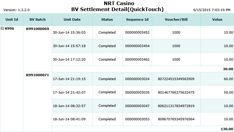 BV Settlement Detail (Quicktouch) Report